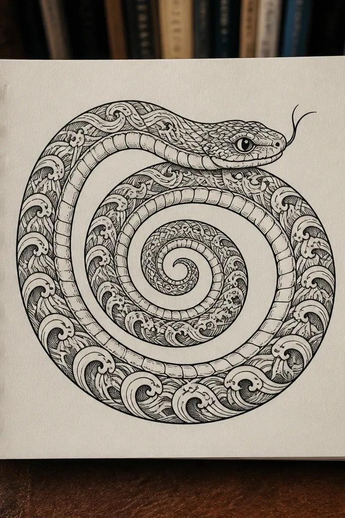 A coiled snake with a spiral belly pattern and wave texture