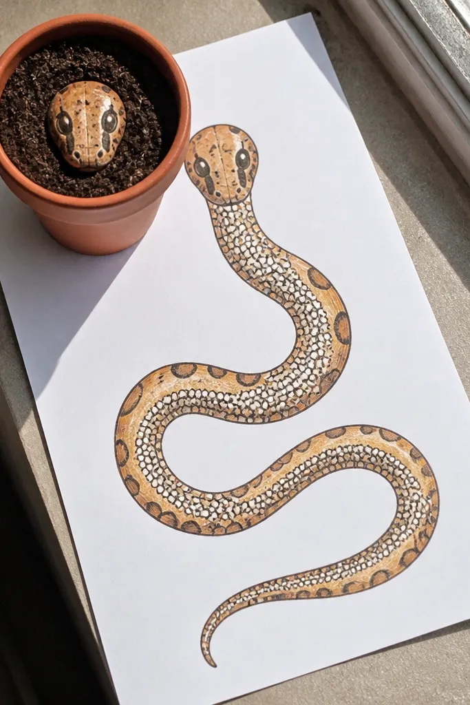 A snake peeking from a flower pot with seed-like dot belly