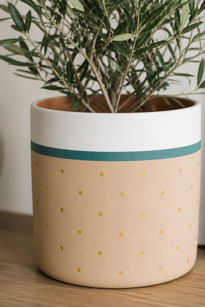 A terracotta pot with a bold white rim band and a second thin teal stripe below it; scattered tiny gold dots sit on the beige body in a loose, even grid.