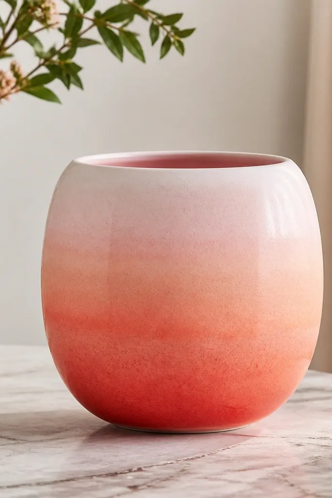 A smooth ceramic pot with a soft gradient from deep coral at the base fading into peach and then pale pink near the top, with slightly speckled watercolor texture.