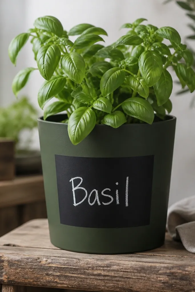 A dark green pot with a rectangular matte black panel centered on the front; hand-written white chalk-style lettering sits inside the rectangle.