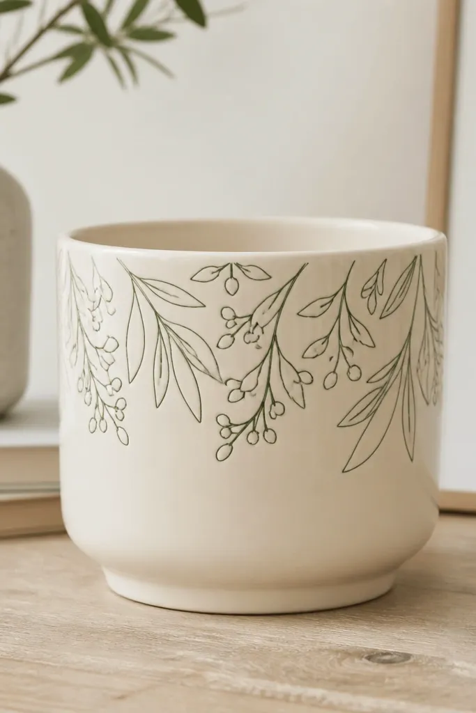 A cream pot with thin dark green line drawings of leaves and small sprigs around the upper half; no fill color, just crisp outlines.