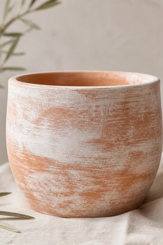 A terracotta pot with a semi-opaque white wash that lets the orange clay show through; the wash looks uneven in a natural, pottery-like way.