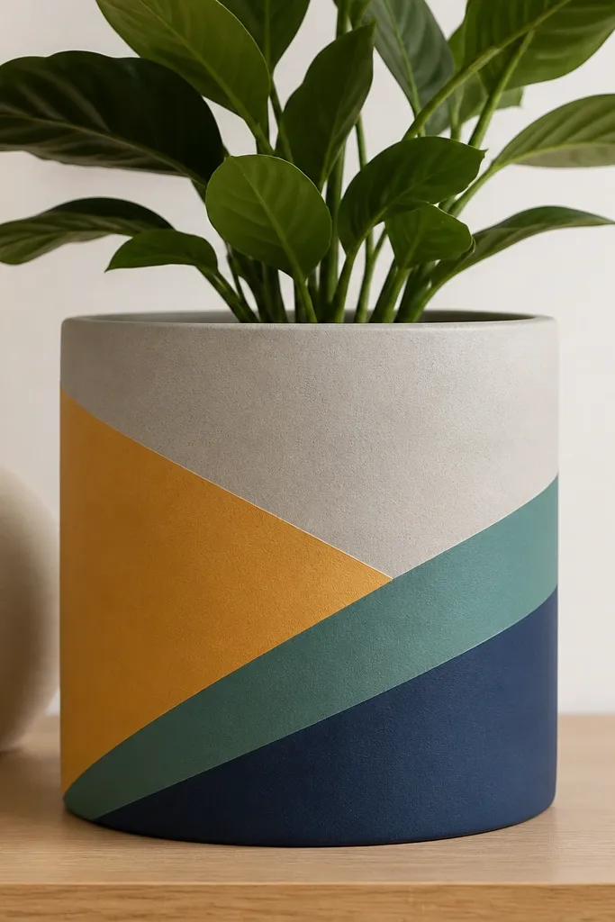 A light gray pot with three diagonal color panels separated by sharp tape edges: mustard, teal, and navy forming a clean modern pattern.