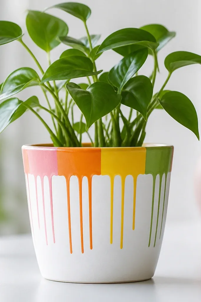 A white pot with a colored rim band; paint drips hang down in thin lines of pink, orange, yellow, and green.
