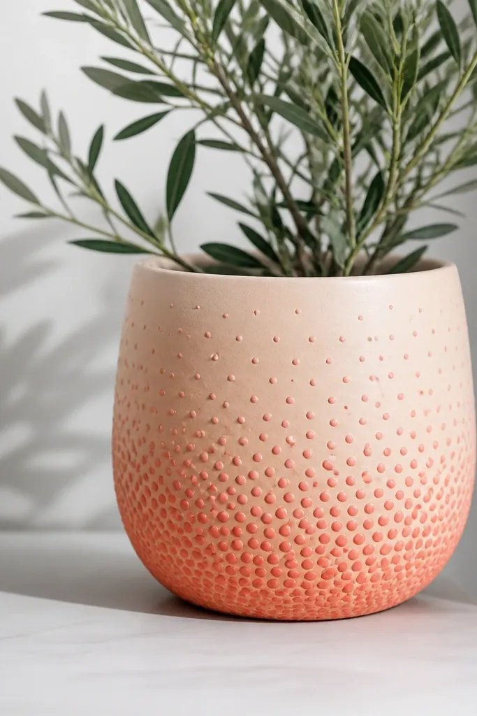 A peach pot covered in dots that get larger and denser toward the bottom; the dot colors shift from light pink at top to coral at base.