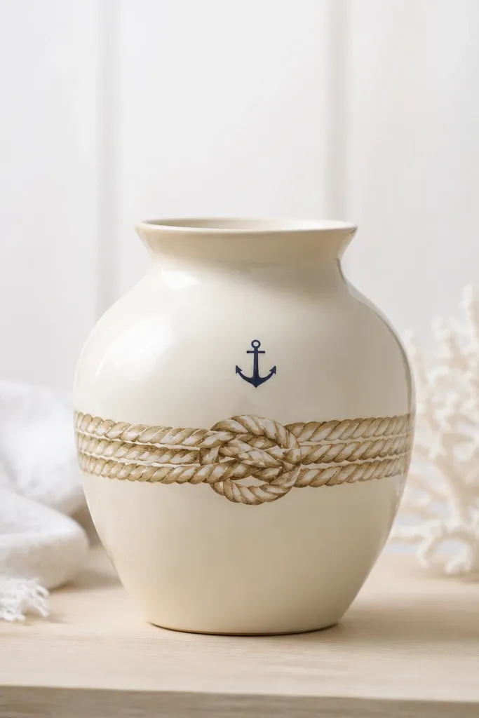 A cream pot with a painted rope coil around the center band in natural tan and white highlights, plus a tiny navy anchor painted near the top.