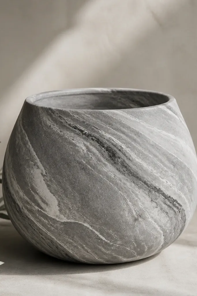 A gray pot with white and charcoal marbling swirls that move diagonally, with a smooth finished look like stone.