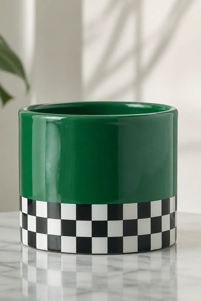 A green pot with a black and white checkerboard band covering the bottom third, with the rest of the pot solid green.