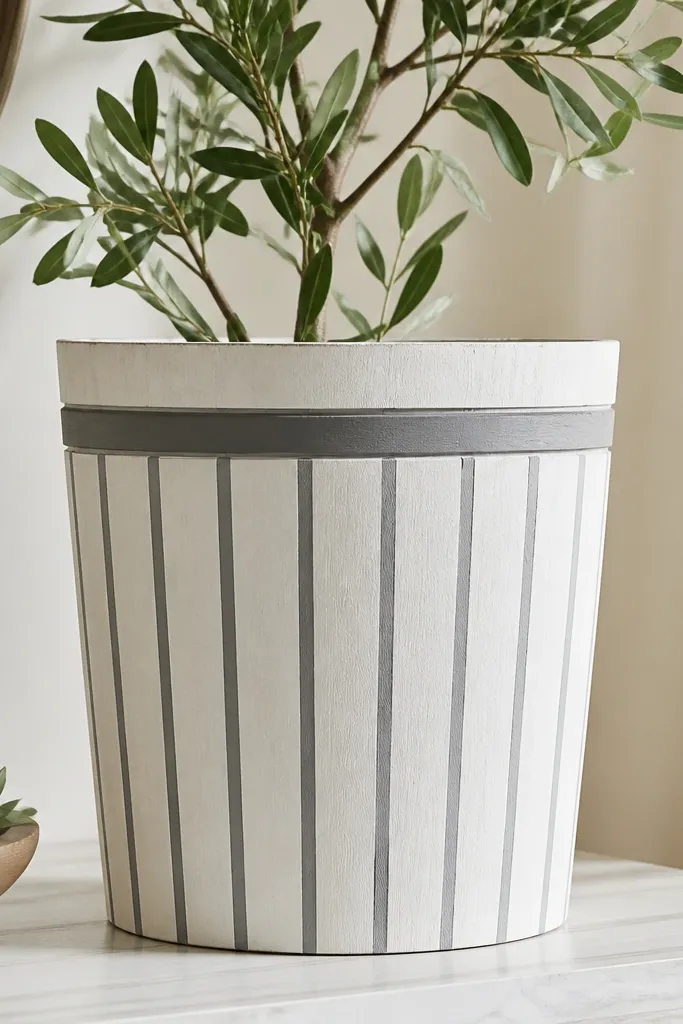 A light wood-look pot painted in off-white with evenly spaced vertical gray stripes, plus a darker stripe near the top like a trim board.