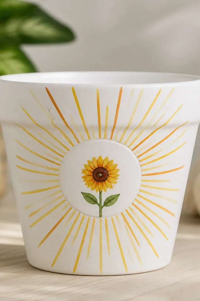 A white pot with a centered circle behind a small painted sunflower; rays radiate outward in yellow and orange lines.