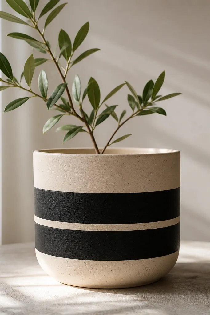 A cream pot with two wide black bands stacked like an Oreo cookie, with a thin cream line between the bands.