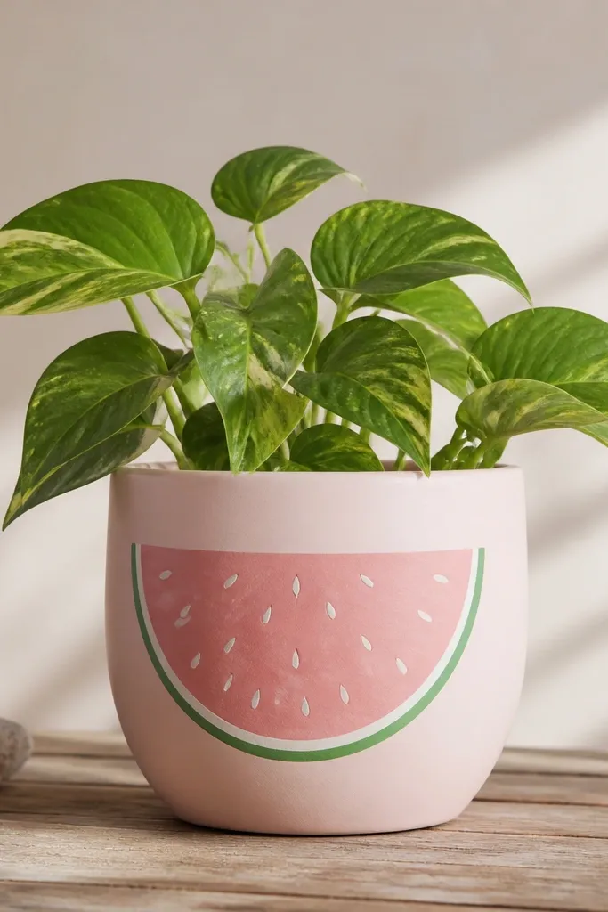 A pale pink pot with a large half-moon slice painted on the side: watermelon pink with green rind and white seeds.
