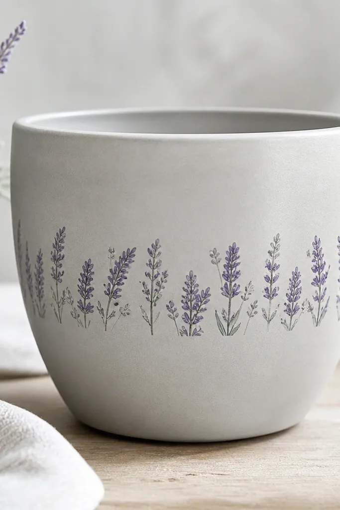 A light gray pot with a horizontal band of painted lavender stems in purple and tiny gray buds across the middle.