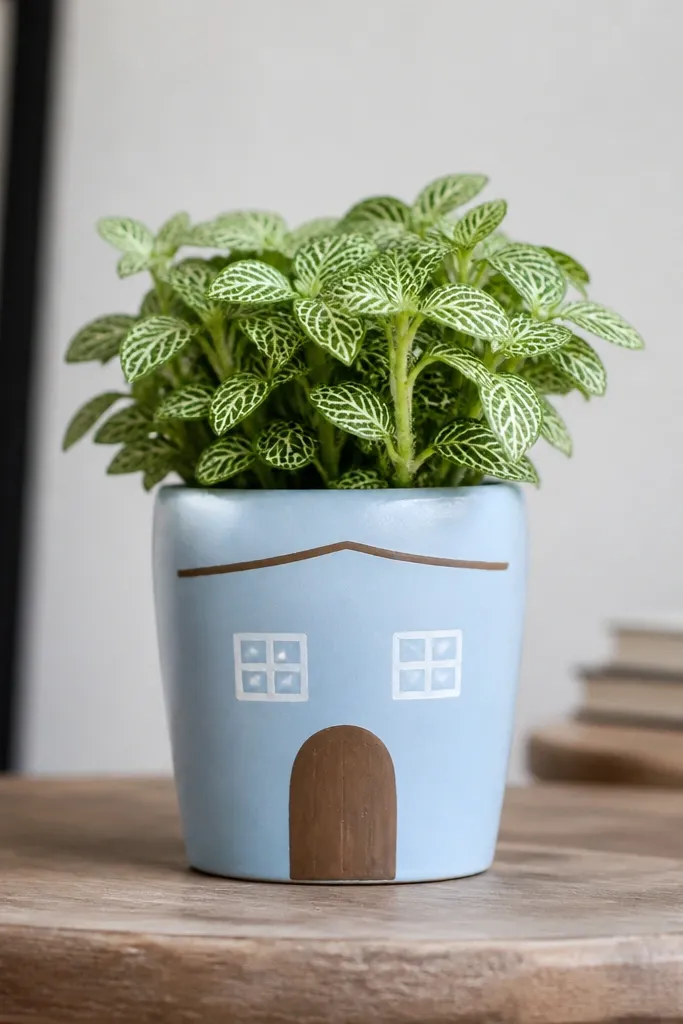 A sky-blue pot with two simple white window squares and a small door shape painted in brown; a thin roof line sits above.