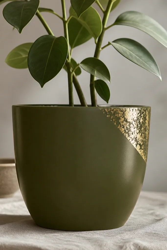 A deep olive pot with a small painted corner triangle and faux gold leaf texture in one top corner on the front.