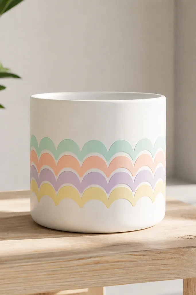 A white pot with stacked pastel arch lines (mint, peach, lilac, and pale yellow) running horizontally around the middle.