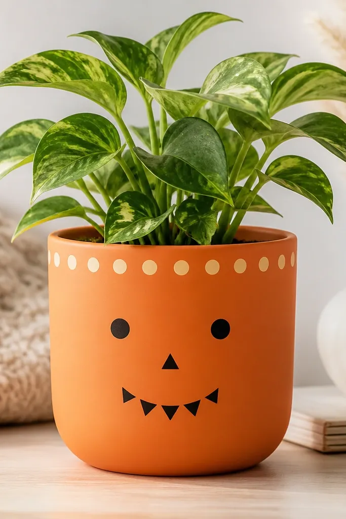 An orange pot with a simple face made from black dots and triangles, plus a ring of lighter orange dots around the top.