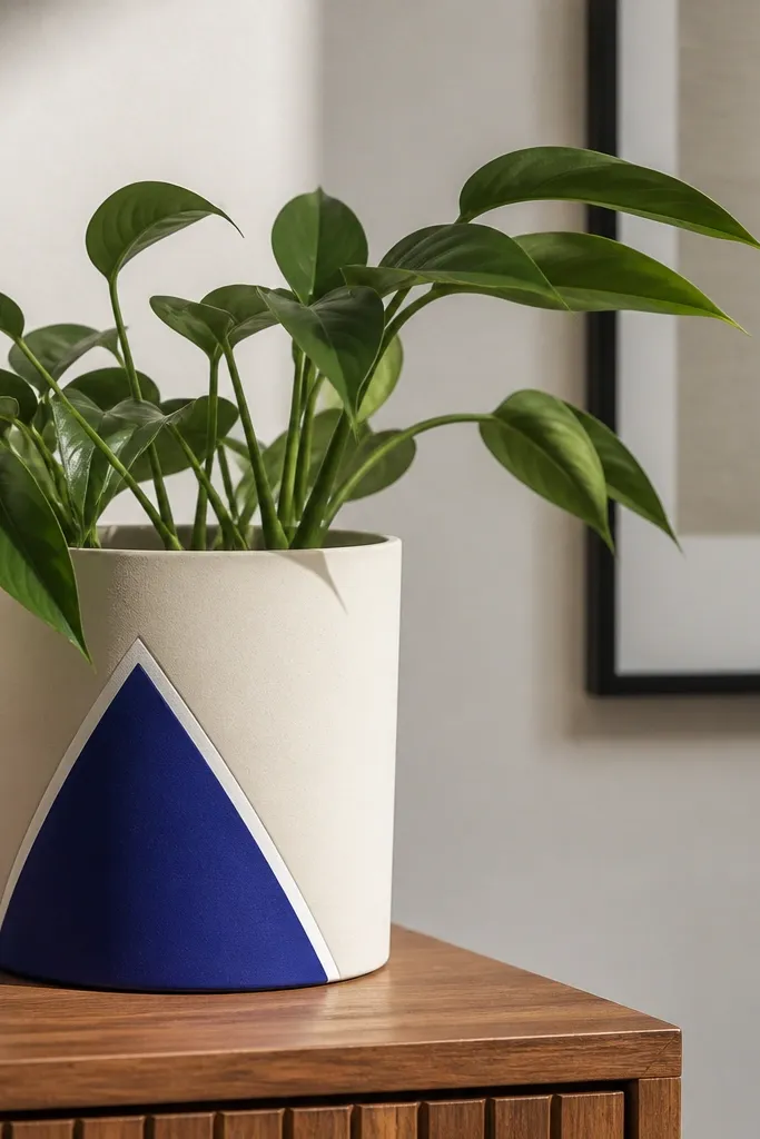 A cream pot with a single bold color block triangle on the front corner in cobalt blue, with a thin white border around it.