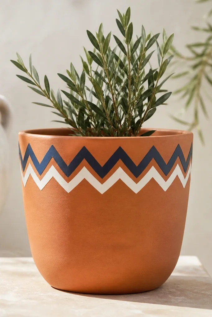 A terracotta pot with a white chevron pattern band just under the rim, with alternating V shapes in navy and white.