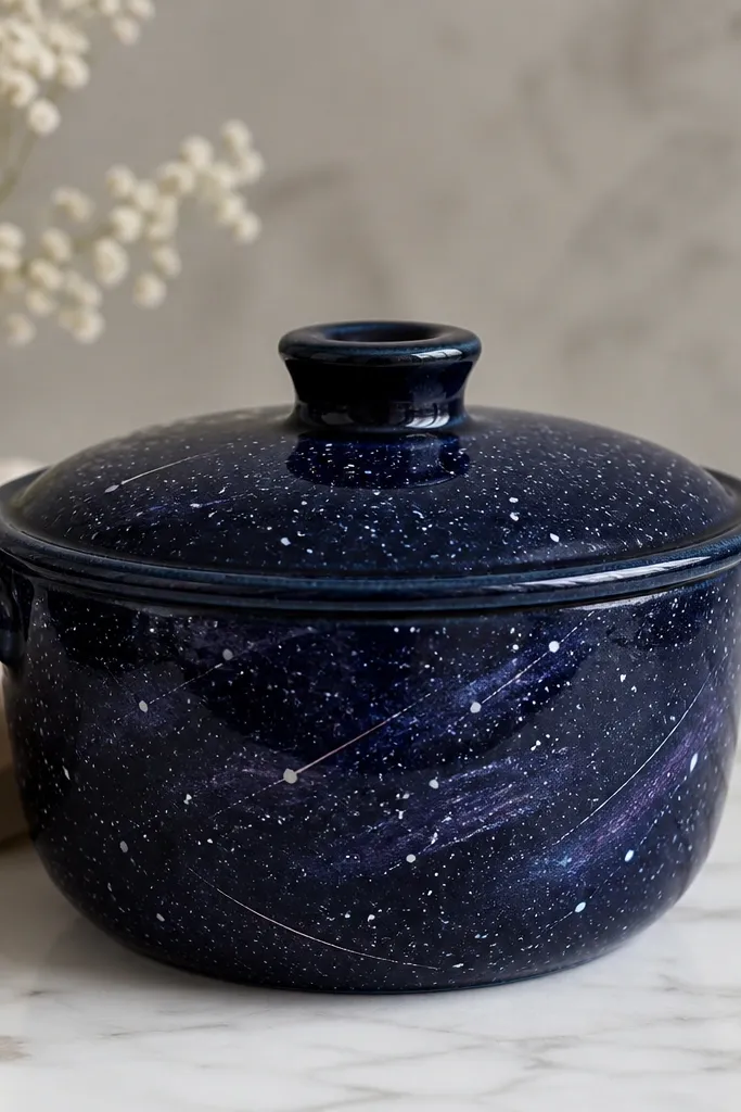 A dark navy pot with lighter blue and white speckles, small streaks like shooting stars, and a faint purple swirl behind.