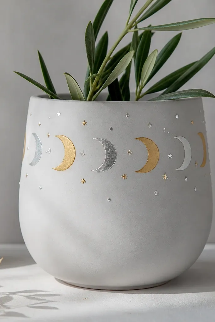 A pale gray pot with a band of crescent moons in gold and silver, plus tiny star dots scattered around the upper third.