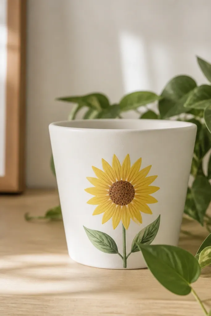 A white pot with a sunflower painted on the front: yellow petals around a small brown circle; a few green leaves sit beside it.