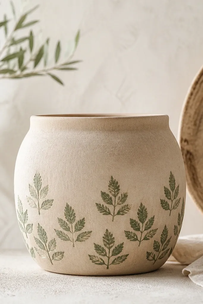 A beige pot with repeated leaf prints in muted green across the lower half; the prints look like stamps with soft edges.