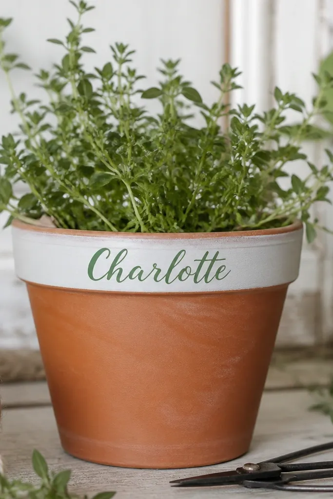 A natural terracotta pot with a thin painted band near the rim in white; a name in dark green is written across the band.