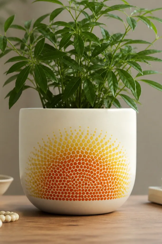 A light cream pot with a half-oval marigold pattern: lots of orange dots in the middle and a feathered yellow edge fading outward.