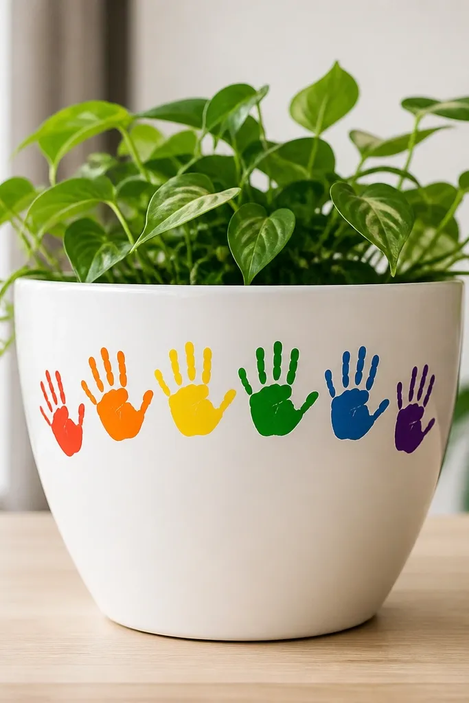 A white pot with multiple colorful handprint silhouettes in a rainbow arc around the upper half; each print has a clear outline.