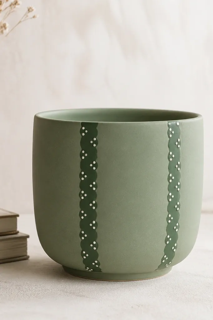 A sage green pot with two vertical cactus stripes in darker green and small white dot clusters like spines along each stripe.
