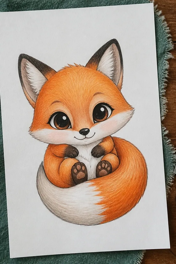 Cute chibi fox with a curled tail and tiny paws