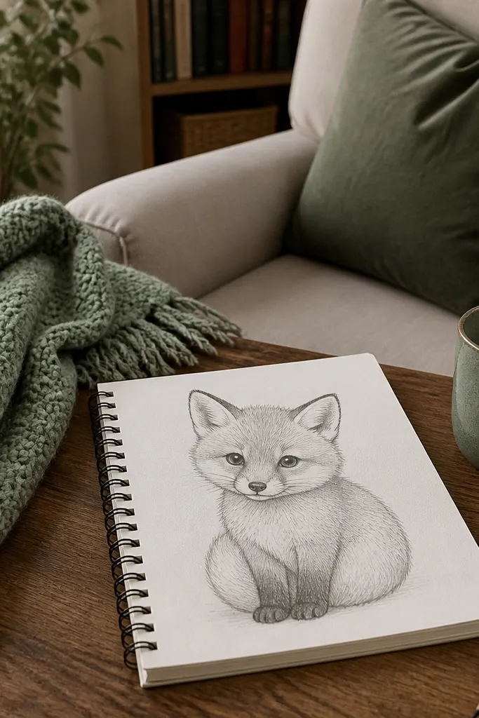 Small fox sitting with rounded body and lifted head