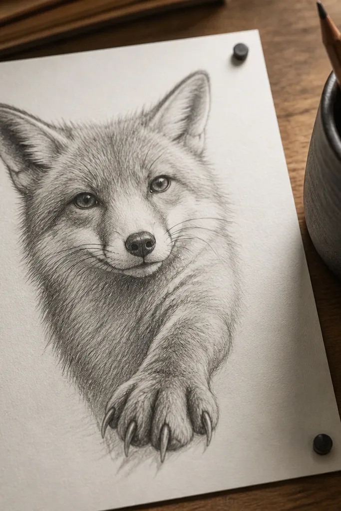 Fox face with one front paw reaching forward