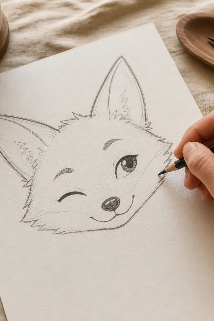 Fox head tilted with one eye closed and one eye open