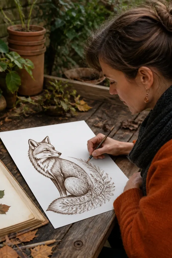 Fox with a tail decorated by simple leaf shapes