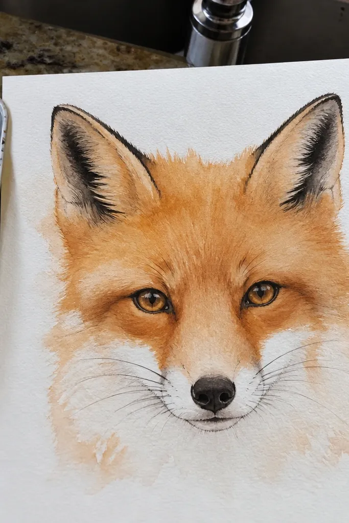 Fox face with soft watercolor-like orange wash and dark nose