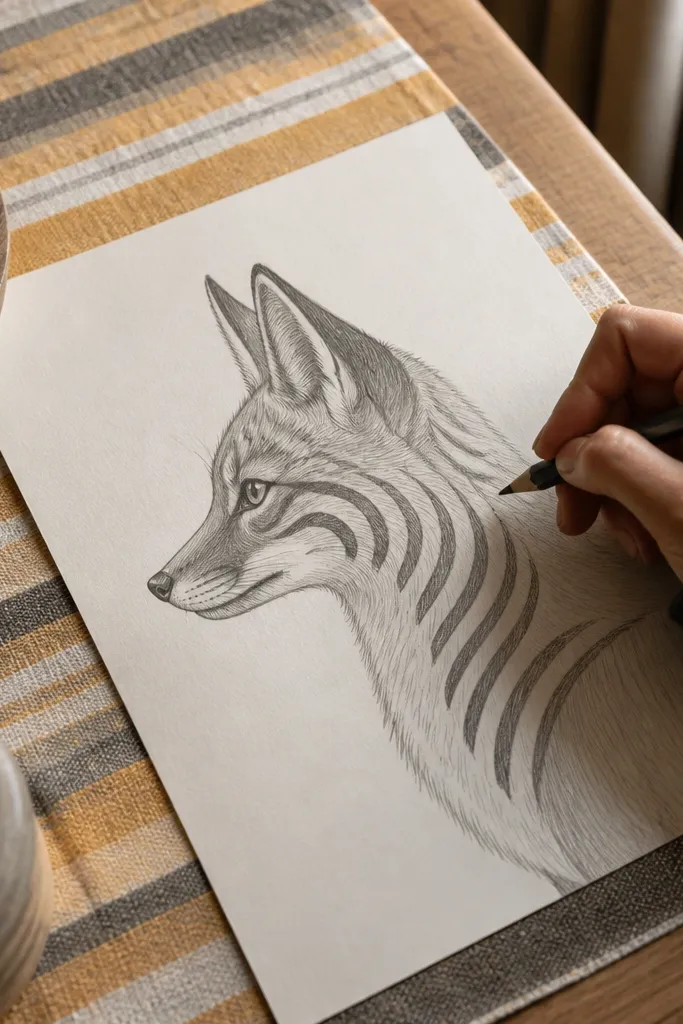Side profile fox with simple fur stripes on the body