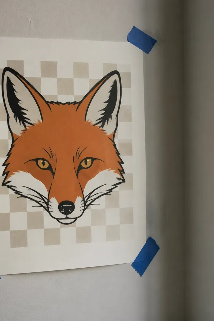 Fox face centered on a simple checkerboard pattern