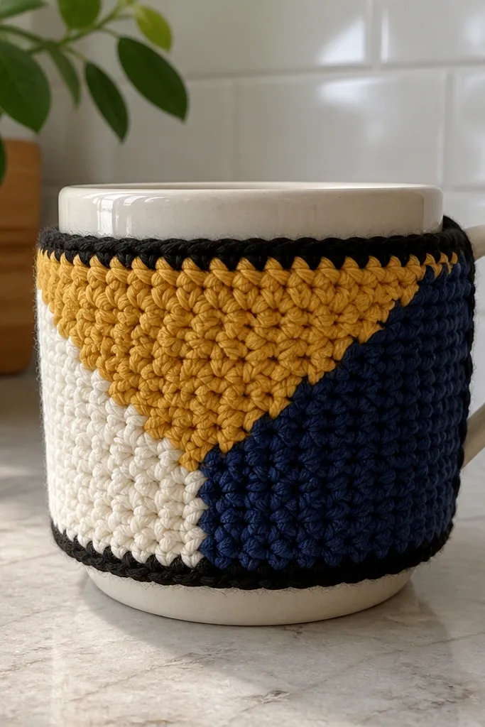 Two-tone mug cozy with a thick contrast border and ribbed texture