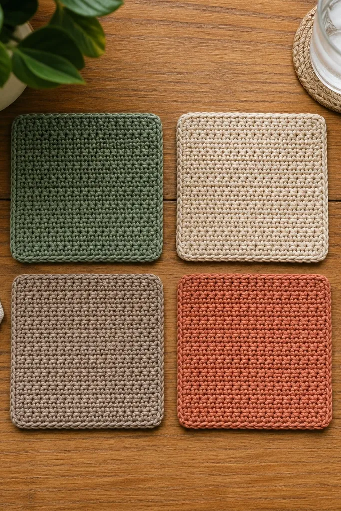 Set of textured crochet coasters stacked, with neat square edges