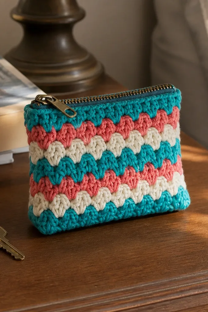 Small crochet zipper pouch with bold stripe panel and tidy zipper line