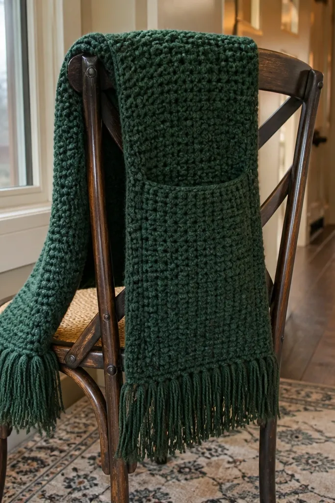 Chunky scarf with a visible pocket panel and short fringe-like texture