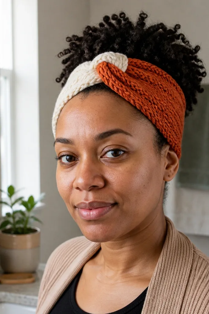 Two-color crochet headband with a twisted knot center