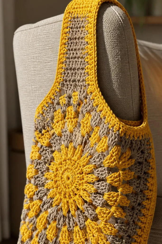 Sunburst granny square panel with bold rays, ready to become a tote