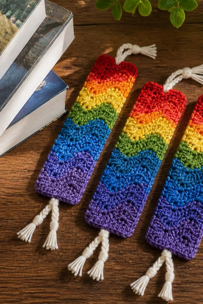 Colorful ripple crochet bookmark with tidy ends and small tie loops