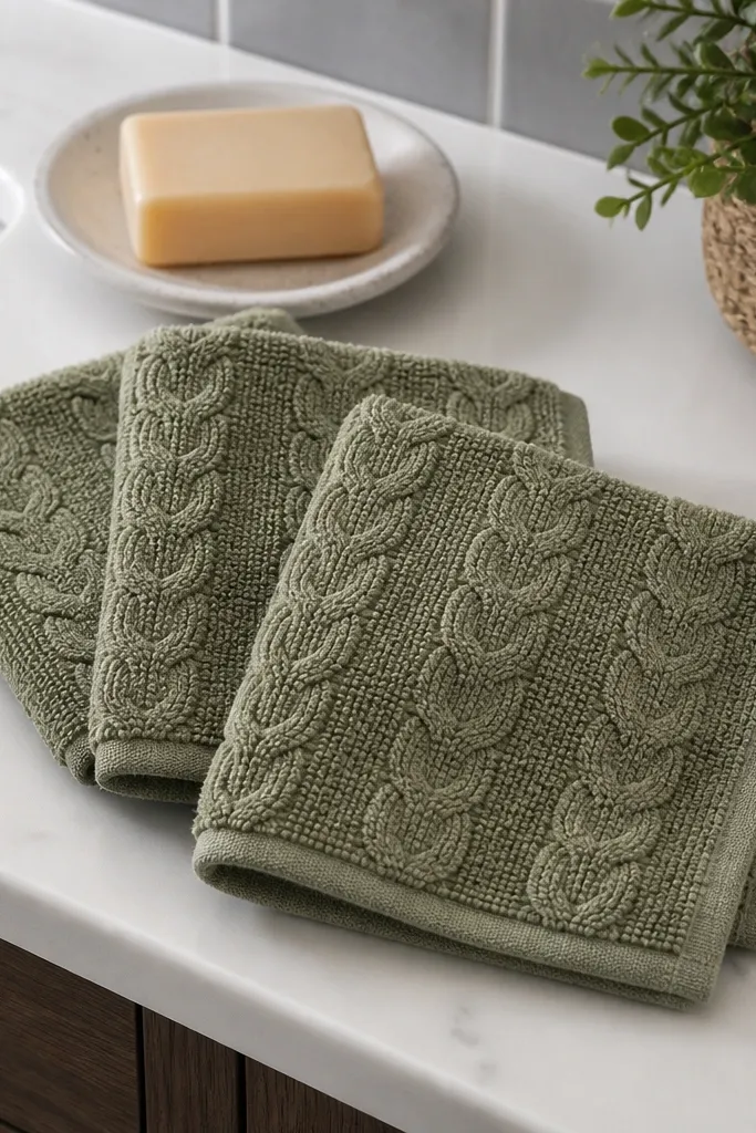 Two crochet washcloths with raised cable stitch pattern and neat borders