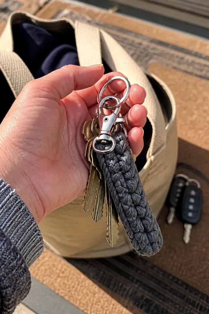 Crochet key fob with braided texture and shiny metal keyring clip