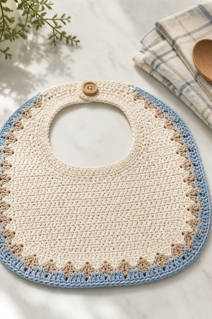 Crochet baby bib with geometric edging and a small button strap